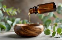 Essential oil pouring from amber glass bottle into wooden bowl with eucalyptus leaves on natural background for aromatherapy and wellness treatments.