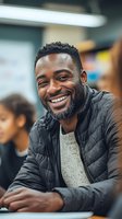 Happy African American man smiling warmly in casual jacket sitting at table in modern office or coworking space with blurred background of colleagues working.