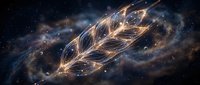 Glowing feather made of golden light and energy particles floating in cosmic space with stars and nebula clouds surrounding it.