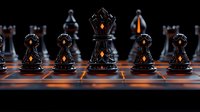 Black chess pieces with glowing orange elements on dark reflective board, dramatic lighting creates mysterious atmosphere in strategic game setup.