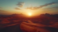 Dramatic desert landscape at sunset with golden sun peeking through clouds over rolling sand dunes and distant mountain silhouettes in warm orange tones.