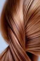 Smooth brown hair strands in close-up view showing silky texture and natural shine, twisted in elegant flowing pattern against light background.