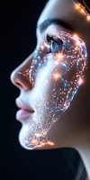Side profile with glowing digital network pattern overlaid on face, featuring luminous orange and blue light trails against dark background for tech concept designs.