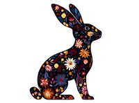 Floral patterned rabbit silhouette with colorful wildflowers and folk art elements on black background, isolated design for decoration and creative projects.