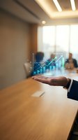 Businessman holding a glowing holographic bar chart with growth arrows in a modern boardroom, symbolizing financial success and data analytics.