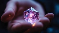 Glowing twenty-sided dice with magical purple light effects floating above open palm against dark background, creating mystical gaming atmosphere.