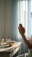 Woman practicing meditation with hands in prayer position near window with soft natural light creating peaceful morning atmosphere for mindfulness and wellness.