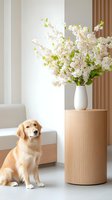 Golden retriever puppy sitting beside white spring blossoms in modern minimalist living room with wooden pedestal and neutral decor for home interior design.