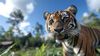 Majestic Bengal tiger close-up portrait showing detailed facial features against natural blurred background with blue sky and greenery, displaying alert expression and whiskers.