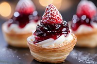 Mini puff pastry tart filled with whipped cream, topped with fresh strawberry and cherry sauce, dusted with powdered sugar against blurred bokeh background.