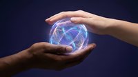 Hands protecting glowing digital globe with network connections representing global technology, cybersecurity, data protection and worldwide communication.