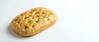 Freshly baked focaccia bread with herbs and olive oil on white background, isolated artisan bakery product ready for culinary design projects.