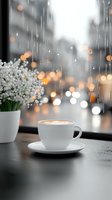 White coffee cup with latte art on rainy window background with bokeh lights and baby breath flowers in vase, creating cozy atmospheric mood for cafe or lifestyle design.