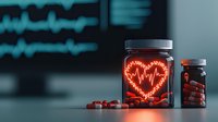 Glowing neon heart pulse sign in medicine bottle with red pills on dark background with ECG monitor waves, healthcare concept for cardiology treatment.