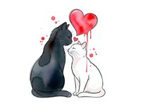Two cats in love sharing red heart balloon on white background, romantic feline couple for Valentine's Day greeting cards and pet-themed designs.