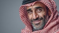 Portrait of mature Middle Eastern man with gray beard wearing traditional red and white checkered keffiyeh headdress against neutral background.