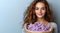 Young woman with long wavy auburn hair and fair complexion wearing gray sweater holding purple flowers in woven basket against blue background.