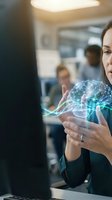 Professional businesswoman presenting digital brain network hologram in modern office environment showcasing artificial intelligence and innovation concepts.