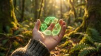 Hands holding glowing green recycling symbol in sunlit forest representing environmental protection and sustainable living practices.