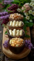 Assorted dietary supplements and vitamins in wooden bowls arranged on bamboo serving board, decorated with spring flowers. Perfect for wellness and health marketing materials.