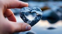 Hand holding heart-shaped ice crystal against blurred winter background, capturing frozen love symbol with natural bokeh effect and soft blue tones.