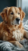 Golden retriever dog sitting by window on cozy blanket looking thoughtful and calm. Warm indoor pet portrait with natural lighting for home decor and lifestyle content.