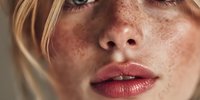 Close-up portrait of young woman with freckles and blonde hair, wearing glossy red lipstick against neutral background, showcasing natural beauty.