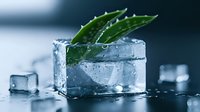 Fresh aloe vera leaf fragment frozen in clear ice cube with water drops and melting ice pieces on dark background, cold skincare concept.