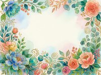 Watercolor floral frame with roses, peonies, and green leaves in soft pastel tones, featuring a blank center for text or design.
