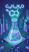 Futuristic laboratory flask with glowing molecular structure and chemical formula in neon cyberpunk cityscape for science technology research concepts.