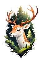 Artistic portrait of majestic deer with antlers against forest backdrop, perfect for nature-themed designs, logos, and wildlife illustrations. Digital art style combines realism with stylized elements