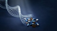 DNA double helix structure with colorful pharmaceutical pills and capsules representing genetic medicine and personalized healthcare treatment.