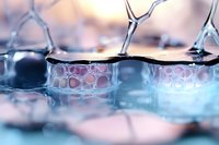 Delicate frozen soap bubbles with intricate crystalline patterns on snow surface in winter sunlight, creating magical macro photography effect in blue and pink tones.