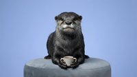 Adorable otter sitting on gray surface with coffee cup against purple background, cute animal portrait for commercial design and marketing materials.
