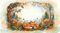 Sleeping fox surrounded by autumn wreath with pine trees, fall leaves and branches. Cozy woodland scene for seasonal designs and nature-themed projects.