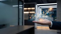 Businessman hand holding holographic growth arrows and charts in modern office environment for financial success and data analytics presentations.