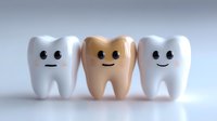 Three cartoon tooth characters with faces standing together, white and gold dental mascots for oral health education and dentistry marketing materials.