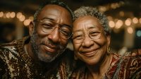 Happy African American senior couple smiling together with warm bokeh lights in background, celebrating love and togetherness in golden hour lighting.