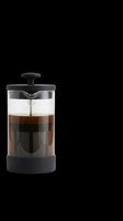French press coffee maker with black plunger and base, filled with brewed coffee, isolated on transparent background. Ready for kitchen design, print-on-demand, and merchandise use.