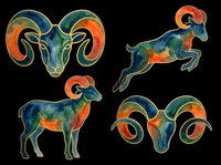 Aries zodiac sign ram head and jumping goat illustrations with watercolor style, isolated on transparent background. Ready for t-shirt designs, clipart, stickers, sublimation, and print-on-demand products.
