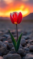 Red tulip with yellow center blooming among rocks at sunset, featuring warm orange and golden sky backdrop. Suitable for nature, spring, and inspirational design projects.