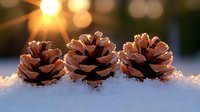 Pine cones nestled in fresh snow at sunset with golden bokeh lights and sun flare creating magical winter atmosphere, nature seasonal decoration.