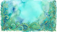 Watercolor turquoise and green ornamental border with swirling flourishes and leaf motifs, isolated on white background for design projects, invitations, and decorative layouts.