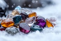 Colorful gemstones and crystals scattered on white snow with bokeh effect background, featuring amber, amethyst, and blue topaz in a magical winter setting.
