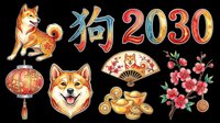 Shiba Inu dog with traditional Asian lanterns, fan, flowers, and 2030 text in gold and red colors isolated on transparent background for t-shirt design, clipart, stickers, and print-on-demand products.