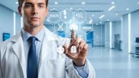 Young male doctor in white coat touching digital healthcare interface with medical icons in modern hospital corridor for telemedicine applications.