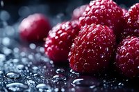 Fresh ripe raspberries with water drops on dark background, macro shot showing detailed texture and natural moisture for food photography and design.