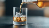 Premium whiskey being poured into glass with ice cubes on dark surface. Luxury alcohol beverage for bar, restaurant and hospitality industry use.