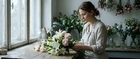 Woman florist arranging white and pink roses in vase by window with hanging plants, creating floral arrangement for events, weddings, or home decoration.