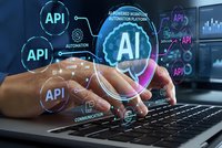Professional developer working on laptop with AI and API integration holographic interface displaying automation platform technology concepts.